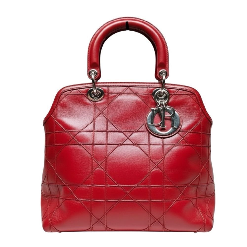 Auth Christian Dior Red Leather Cannage Medium Granville 2way Satchel Purse Bag